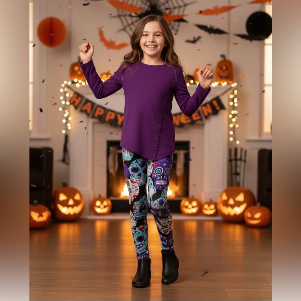NEW Girls Halloween Skull Leggings, Soft Yoga Pants, Kids Costume - Picture 3 of 7